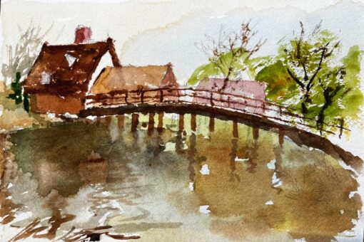 Flatford Mill Footbridge with Reflections and Thatched Cottages Suffolk
