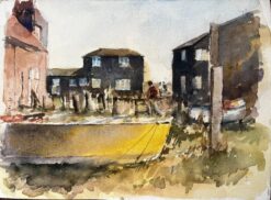 Southwold Coastal Houses with Figures and Yellow Boat Suffolk Watercolour Scene