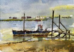Moored Fishing Boat with Jetty and Distant Sheds East Coast Maritime Watercolour