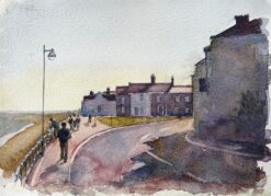 Southwold Promenade in Early Morning Light with Figures and Seafront Houses