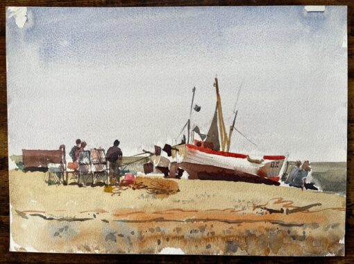 Beached Fishing Boat with Figures and Nets on Winter Shore Watercolour Scene - Image 2
