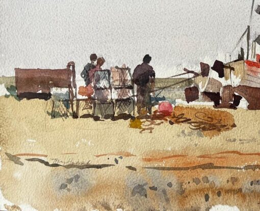 Beached Fishing Boat with Figures and Nets on Winter Shore Watercolour Scene - Image 3