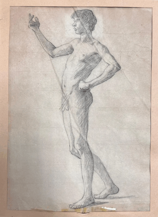 19th Century French Academic Drawing Portrait of Male Nude Young Man - Image 2