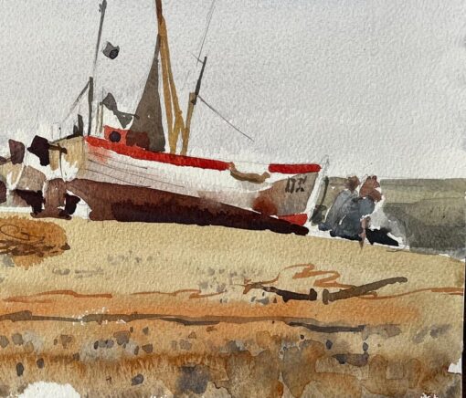 Beached Fishing Boat with Figures and Nets on Winter Shore Watercolour Scene - Image 4
