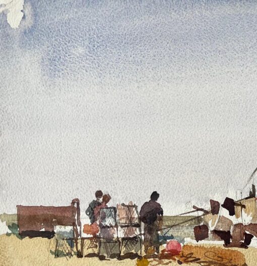 Beached Fishing Boat with Figures and Nets on Winter Shore Watercolour Scene - Image 5