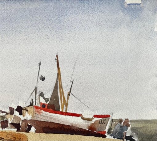 Beached Fishing Boat with Figures and Nets on Winter Shore Watercolour Scene - Image 6