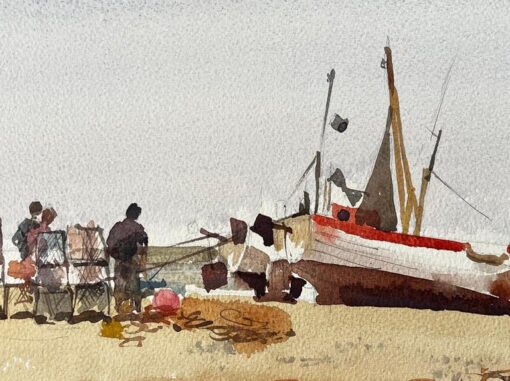 Beached Fishing Boat with Figures and Nets on Winter Shore Watercolour Scene - Image 7