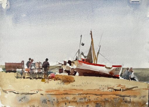 Beached Fishing Boat with Figures and Nets on Winter Shore Watercolour Scene