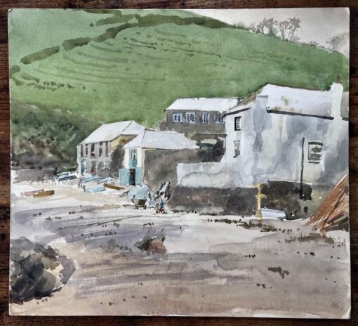 Coastal Village with Boats and Hillside Harbour Scene Watercolour - Image 2