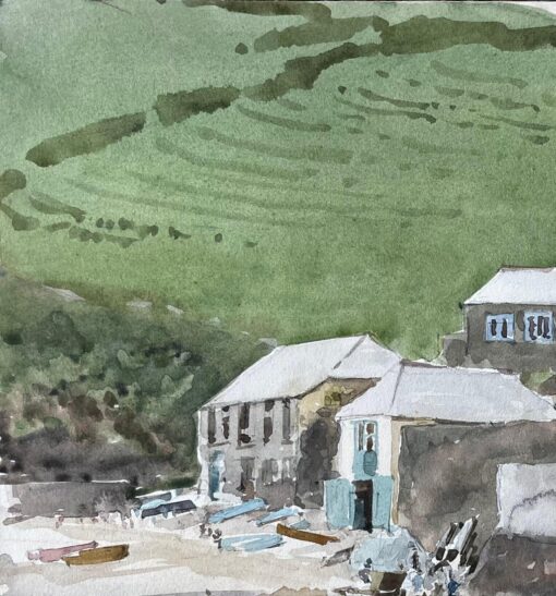 Coastal Village with Boats and Hillside Harbour Scene Watercolour - Image 3