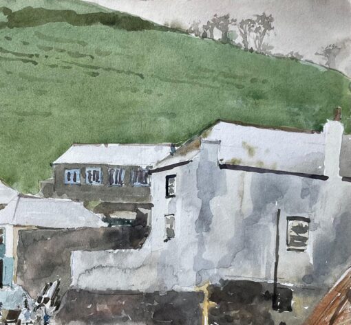 Coastal Village with Boats and Hillside Harbour Scene Watercolour - Image 4