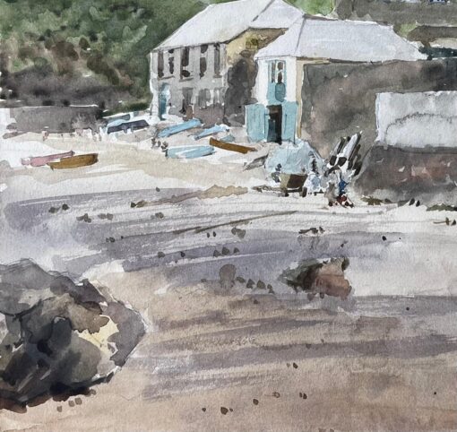 Coastal Village with Boats and Hillside Harbour Scene Watercolour - Image 5