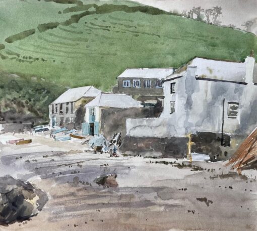 Coastal Village with Boats and Hillside Harbour Scene Watercolour