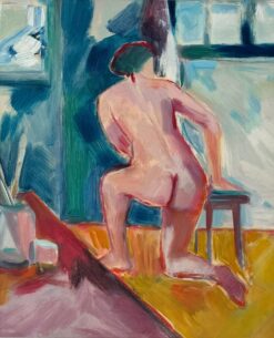 Original Oil Painting of a Nude Figure Kneeling Next a stool in a Studio Setting