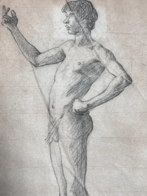 19th Century French Academic Drawing Portrait of Male Nude Young Man - Image 4