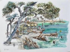 French Watercolor of Le Pirate Seaside Restaurant with Boats and Pine Trees