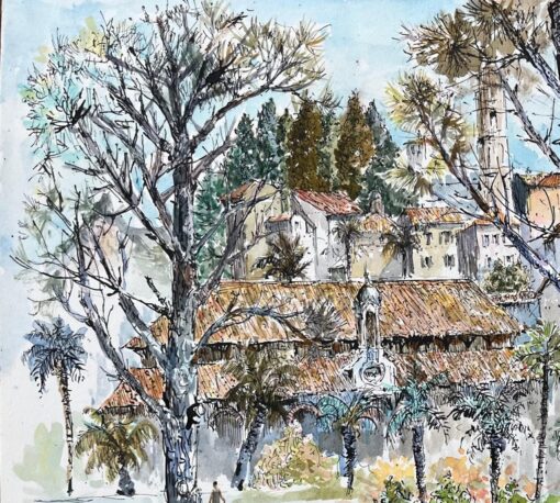 French Watercolor of Menton Market Square with Artists and Trees - Image 3