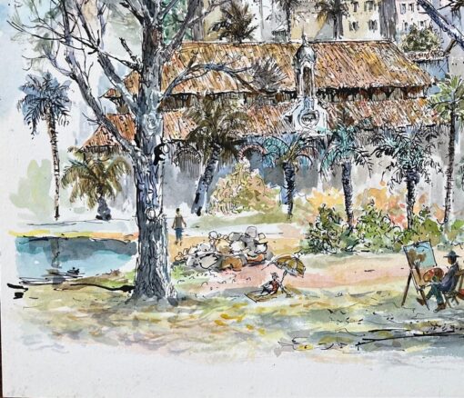 French Watercolor of Menton Market Square with Artists and Trees - Image 4