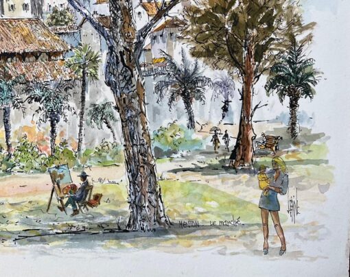 French Watercolor of Menton Market Square with Artists and Trees - Image 5