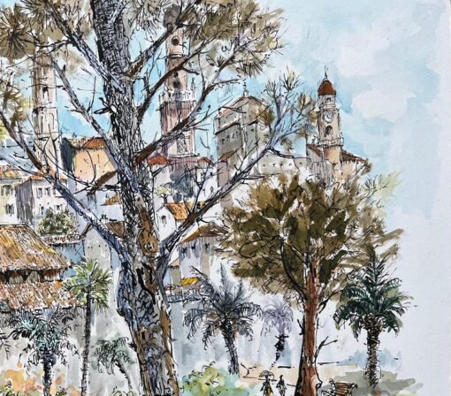French Watercolor of Menton Market Square with Artists and Trees - Image 6