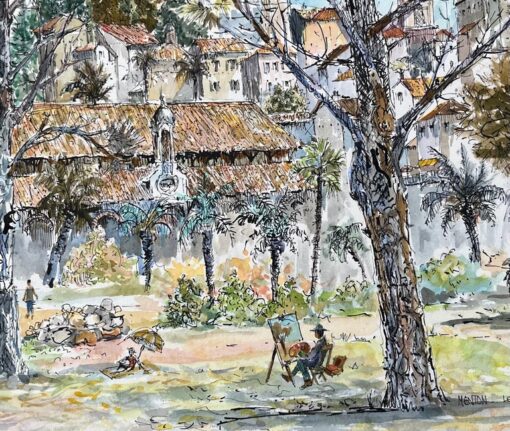 French Watercolor of Menton Market Square with Artists and Trees - Image 7
