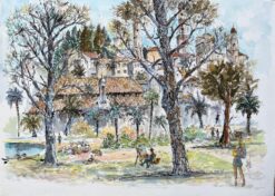 French Watercolor of Menton Market Square with Artists and Trees