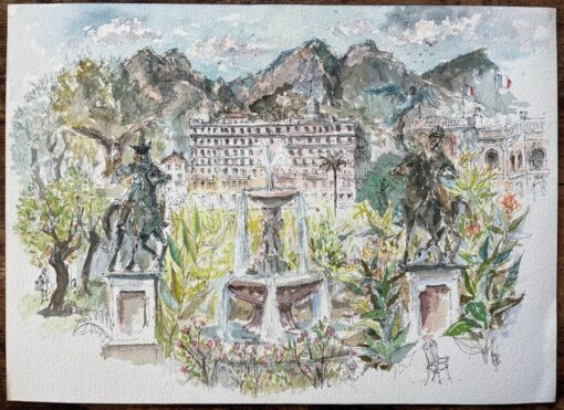French Watercolor of Monte Carlo Gardens Set Against the Monaco Hills - Image 2