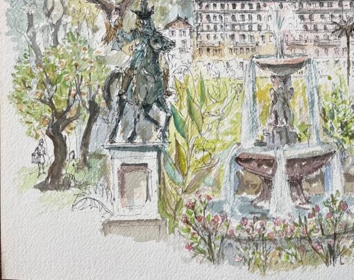 French Watercolor of Monte Carlo Gardens Set Against the Monaco Hills - Image 3