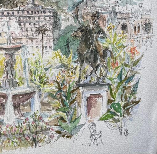 French Watercolor of Monte Carlo Gardens Set Against the Monaco Hills - Image 4