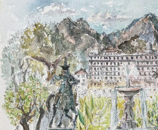 French Watercolor of Monte Carlo Gardens Set Against the Monaco Hills - Image 5