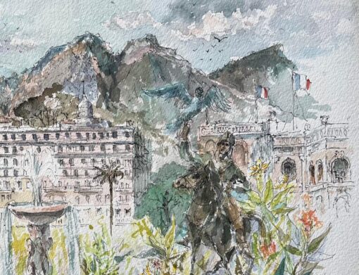 French Watercolor of Monte Carlo Gardens Set Against the Monaco Hills - Image 6