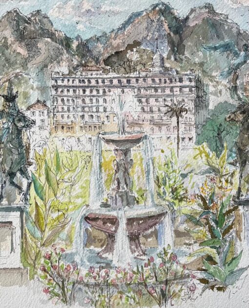 French Watercolor of Monte Carlo Gardens Set Against the Monaco Hills - Image 7