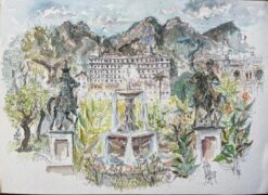 French Watercolor of Monte Carlo Gardens Set Against the Monaco Hills