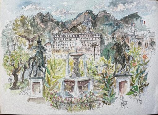 French Watercolor of Monte Carlo Gardens Set Against the Monaco Hills