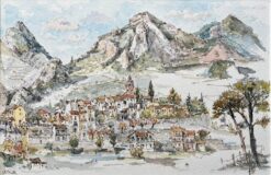 French Watercolor of Castellar Village with Mountainous Backdrop