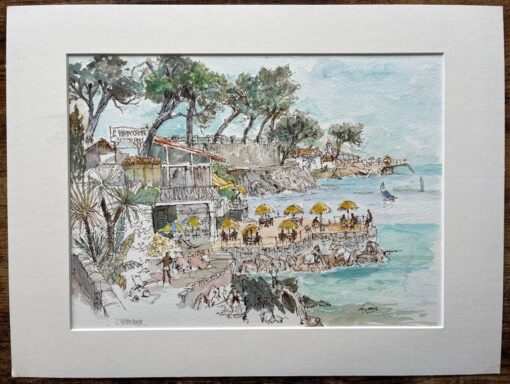 French Watercolor of L'Hippocampe Beachfront Restaurant with Coastal Views - Image 2