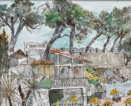 French Watercolor of L'Hippocampe Beachfront Restaurant with Coastal Views - Image 4