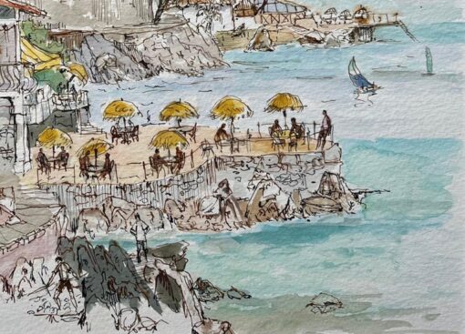 French Watercolor of L'Hippocampe Beachfront Restaurant with Coastal Views - Image 5