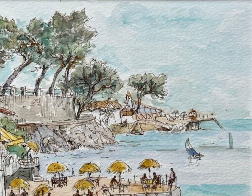 French Watercolor of L'Hippocampe Beachfront Restaurant with Coastal Views - Image 6