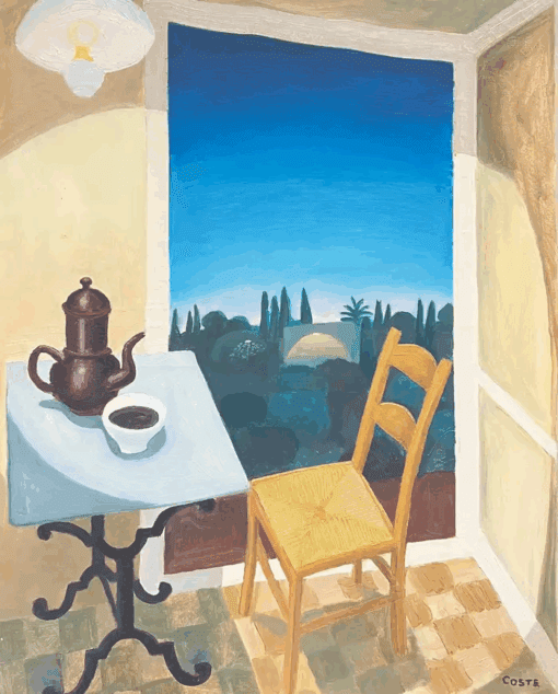 French Modernist Oil Coffee Table & Chair in Mediterranean Window Interior View - Image 3