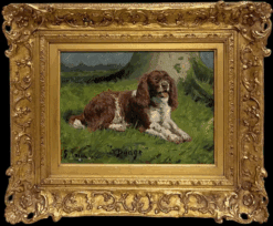 Antique English Dog Oil Painting Portrait of Springer Spaniel Titled Dated 1920