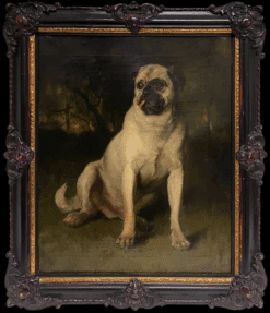 Fine 19th Century French Dog Oil Painting Portrait of a Pug in Wooded Landscape
