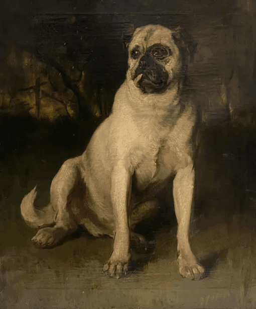 Fine 19th Century French Dog Oil Painting Portrait of a Pug in Wooded Landscape - Image 2