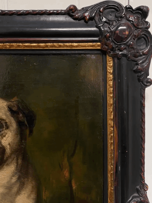Fine 19th Century French Dog Oil Painting Portrait of a Pug in Wooded Landscape - Image 7