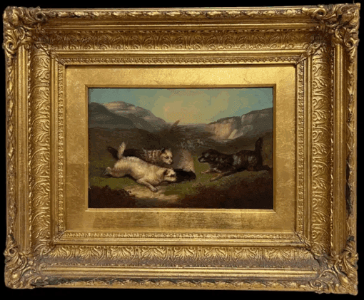 Fine Victorian English Oil Painting Three Terrier Dogs Highland Rabbit Hole