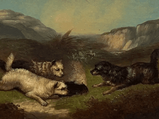 Fine Victorian English Oil Painting Three Terrier Dogs Highland Rabbit Hole - Image 2