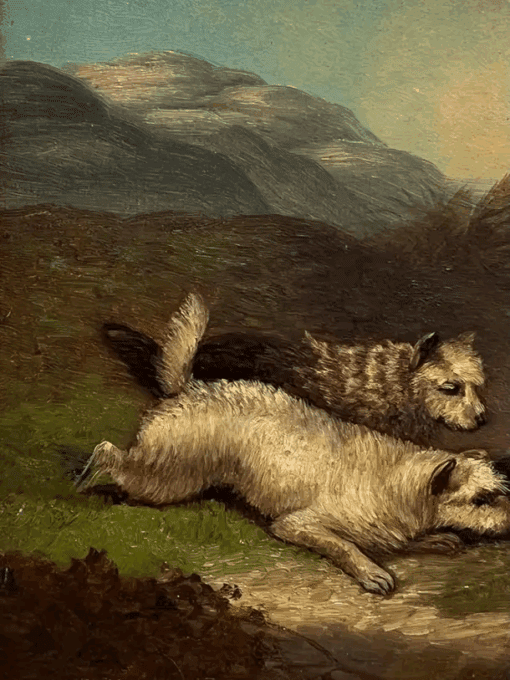 Fine Victorian English Oil Painting Three Terrier Dogs Highland Rabbit Hole - Image 3