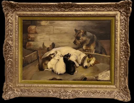 Fine Victorian English Dog Painting Proud Terrier Parents with Puppies, framed