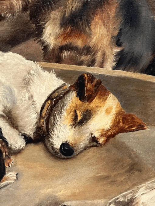 Fine Victorian English Dog Painting Proud Terrier Parents with Puppies, framed - Image 3