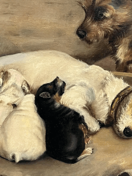 Fine Victorian English Dog Painting Proud Terrier Parents with Puppies, framed - Image 6